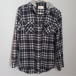 Inso Collection Blk, Wht & Grey Plaid  Flannel with Detachable Hood EUC